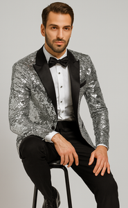 Shiny Silver Sequin Men’s Tuxedo Jacket – Satin Lapel Design