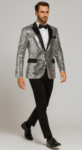 Shiny Silver Sequin Men’s Tuxedo Jacket – Satin Lapel Design