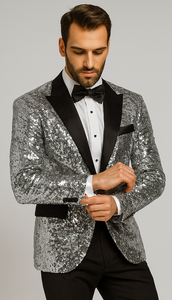 Shiny Silver Sequin Men’s Tuxedo Jacket – Satin Lapel Design