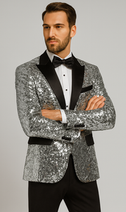 Shiny Silver Sequin Men’s Tuxedo Jacket – Satin Lapel Design