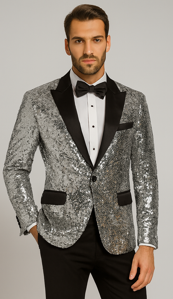 Shiny Silver Sequin Men’s Tuxedo Jacket – Satin Lapel Design