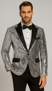 Shiny Silver Sequin Men’s Tuxedo Jacket – Satin Lapel Design