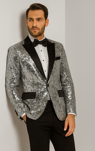 Shiny Silver Sequin Men’s Tuxedo Jacket – Satin Lapel Design