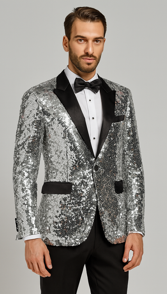 Shiny Silver Sequin Men’s Tuxedo Jacket – Satin Lapel Design