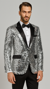 Shiny Silver Sequin Men’s Tuxedo Jacket – Satin Lapel Design