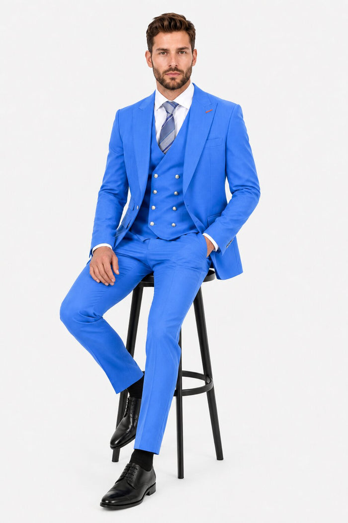 Men's Sky Blue Statement Ticket Pocket Peak Lapel Wool Double Breasted Vest Suit with Silver Buttons – Modern Fit