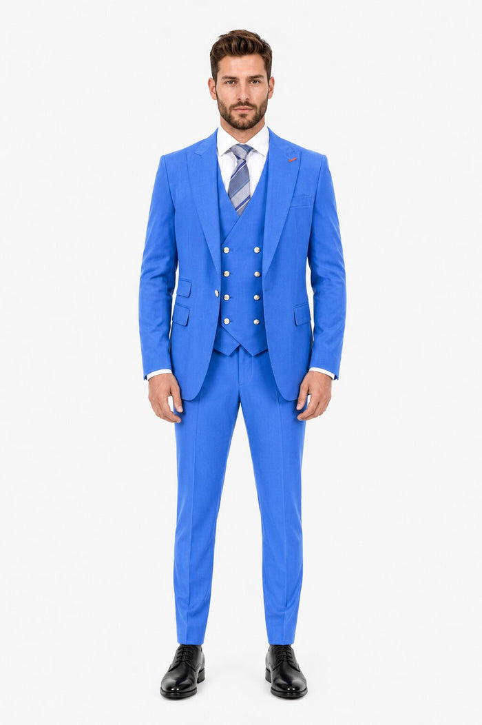Men's Sky Blue Statement Ticket Pocket Peak Lapel Wool Double Breasted Vest Suit with Silver Buttons – Modern Fit