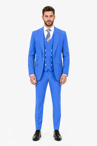 Men's Sky Blue Statement Ticket Pocket Peak Lapel Wool Double Breasted Vest Suit with Silver Buttons – Modern Fit