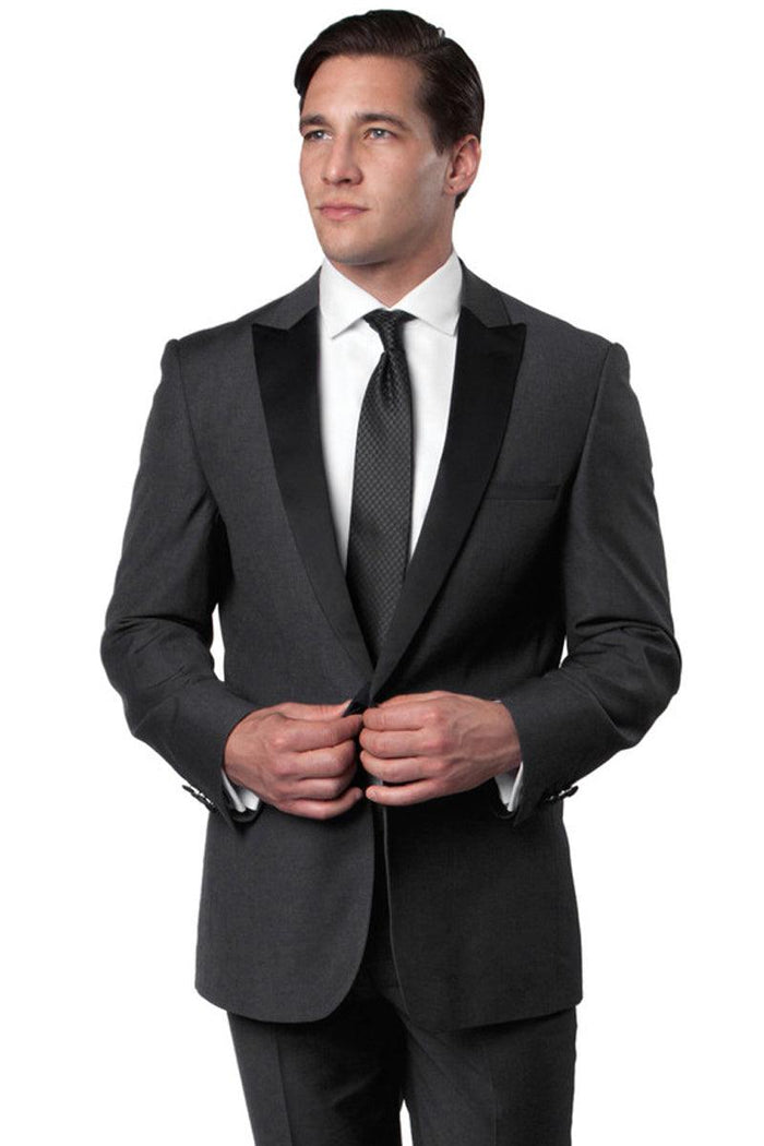 Mens Slim-Fit Charcoal Grey Bryan Michaels Wedding Tuxedo with One Button Peak Lapel - Elegant Mensattire