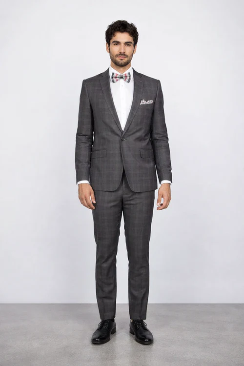 Men’s Slim Fit Charcoal Plaid Suit by Rossiman Rossi | 1-Button Jacket & Tapered Pants – Italian Tailored 3-Piece Luxury Suit