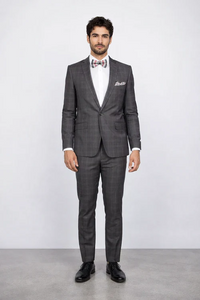 Men’s Slim Fit Charcoal Plaid Suit by Rossiman Rossi | 1-Button Jacket & Tapered Pants – Italian Tailored 3-Piece Luxury Suit