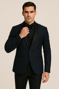 Mens Slim Fit Paisley Shawl Lapel Prom Dinner Jacket Tuxedo Blazer in Navy Blue