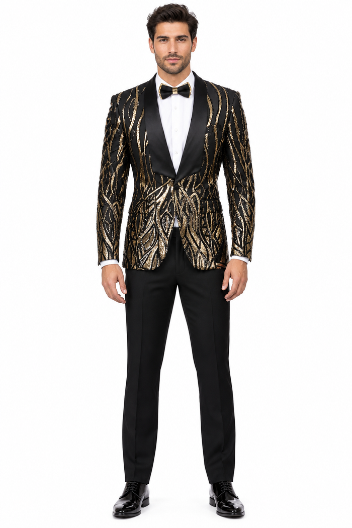 Mens Black & Gold Paisley Sequin Blazer Tuxedo