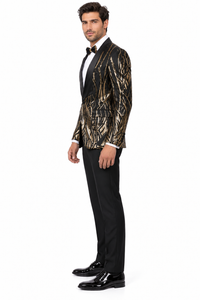 Mens Black & Gold Paisley Sequin Blazer Tuxedo