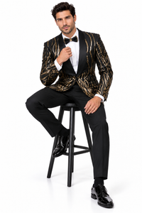 Mens Black & Gold Paisley Sequin Blazer Tuxedo