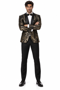 Mens Black & Gold Paisley Sequin Blazer Tuxedo
