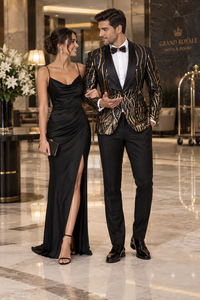 Mens Black & Gold Paisley Sequin Blazer Tuxedo