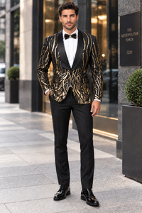 Mens Black & Gold Paisley Sequin Blazer Tuxedo