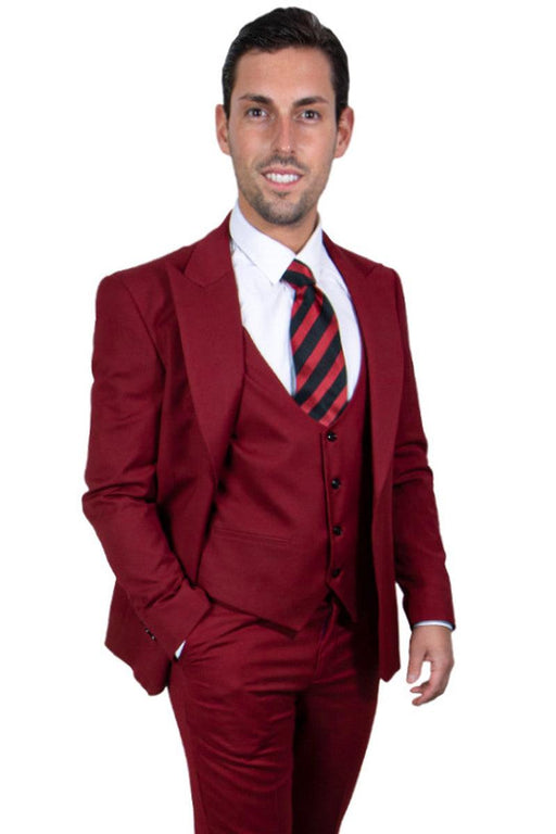 "Mens Stacy Adams Cherry Red Vested Suit w/ Peak Lapel & One Button" - USA Men's Outlet