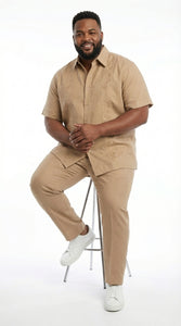 Mens Tan Embroidered Walking Suit Set – Short Sleeve Shirt and Pants Casual Summer Outfit for Vacation, Beach in khaki Beige Color