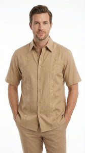 Mens Tan Embroidered Walking Suit Set – Short Sleeve Shirt and Pants Casual Summer Outfit for Vacation, Beach in khaki Beige Color
