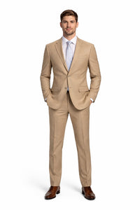 Mens Tan Modern Fit Tiglio Wool Suit – Classic Two-Button Tailored Suit