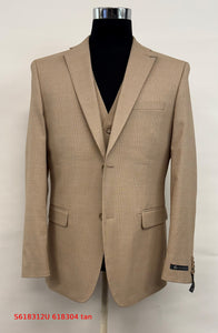 Men’s Tan Plaid 3-Piece Tailored Fit Suit with Vest