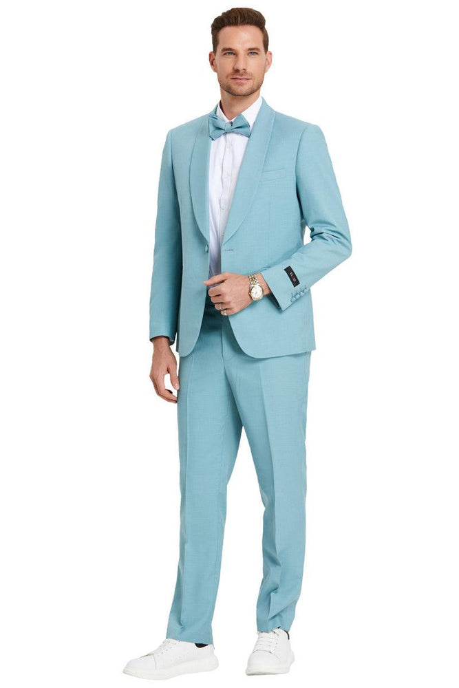 Mens Tazio Aqua Blue Shawl Lapel Dinner Suit- Stylish Wedding Jacket - USA Men's Outlet