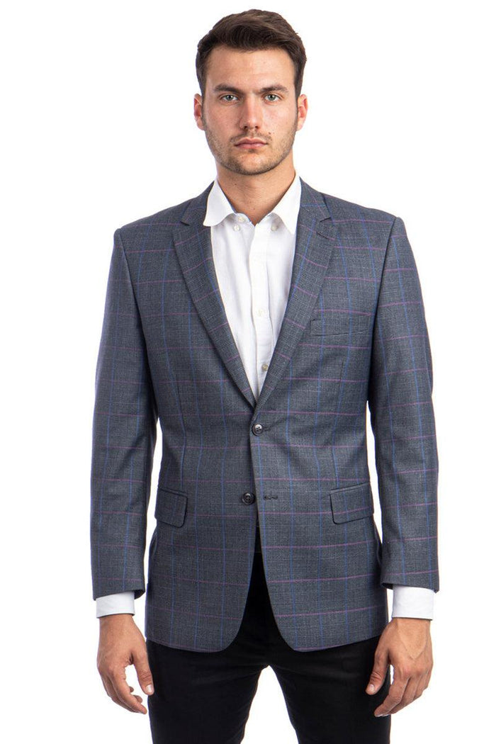 Mens Tazio Charcoal Grey 2-Button Reg Fit Sport Coat - Stylish Blue & Pink Windowpane Plaid - USA Men's Outlet