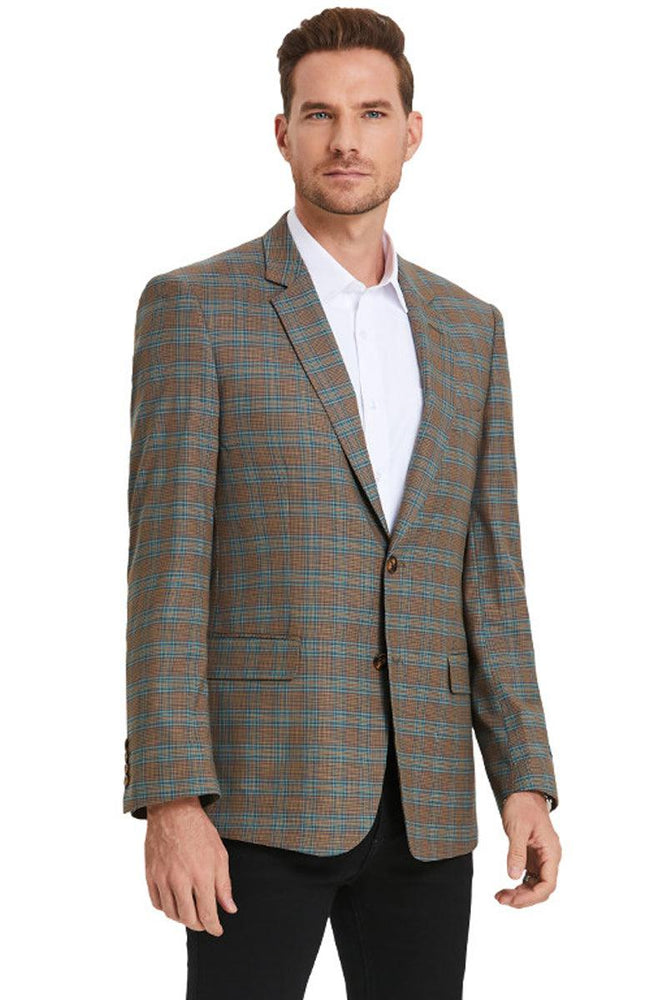 Mens Tazio Dark Camel Bronze & Teal Two-Button Sport Coat: Business-Casual Double Windowpane - USA Men's Outlet