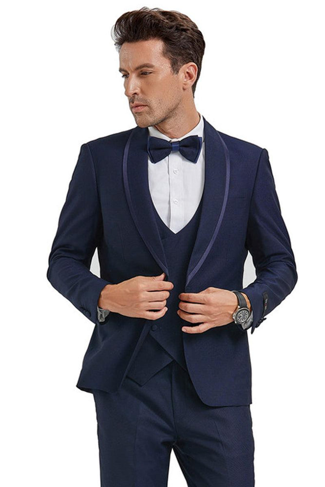 Mens Tazio Navy Blue Shawl Tuxedo w/ Blue Satin Trim - 50-70 Chars - USA Men's Outlet