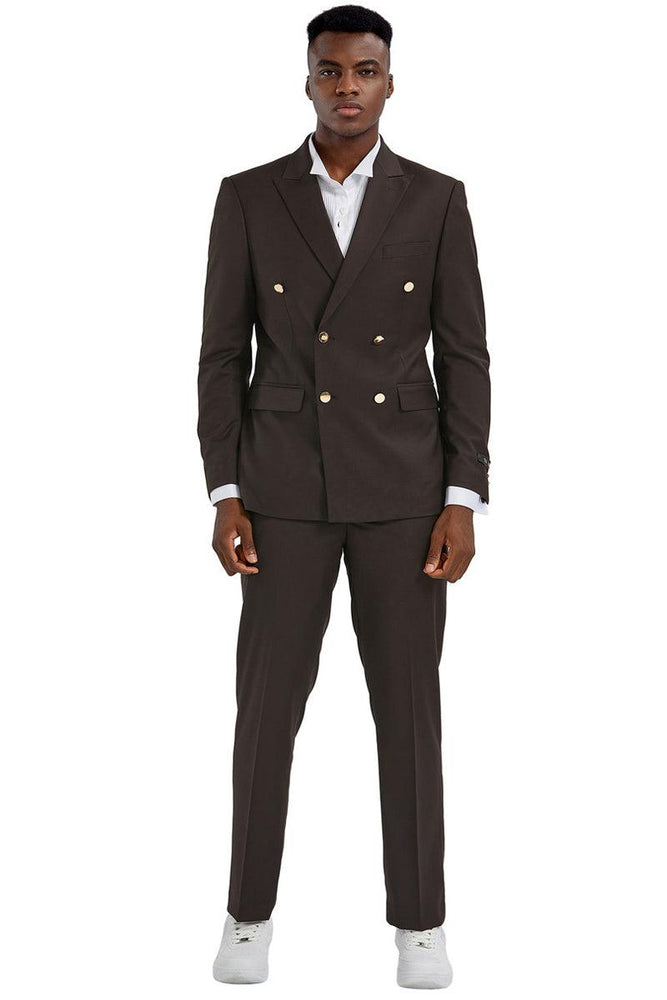 Mens Tazio Slim-Fit Brown Double-Breasted Wedding Suit w/Gold Buttons - USA Men's Outlet