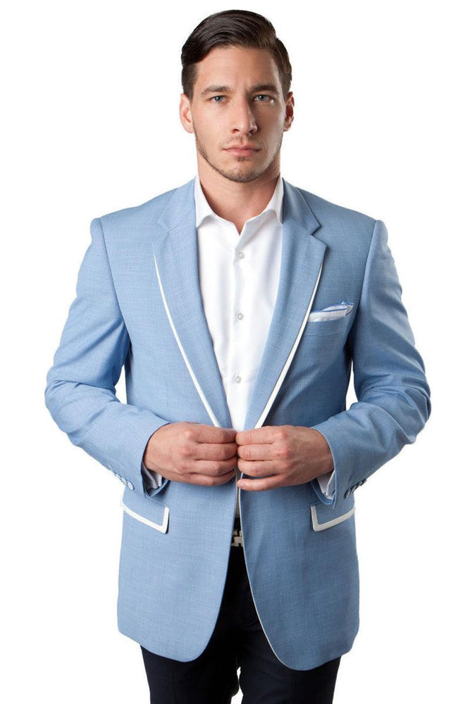 Mens Tazio Summer Blazer: Sky Blue & White Trim, 1-Button - USA Men's Outlet