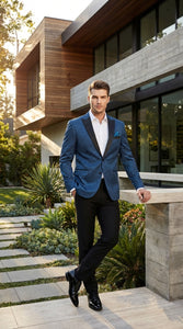 Mens Teal Blue Jacquard Paisley Blazer – Black Peak Lapel Formal Dinner Jacket Slim Fit