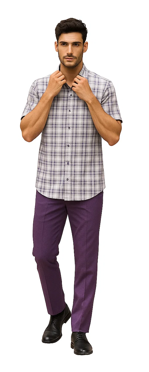 Mens Textured Plaid Walking Suit in Lavender/Off White by Dreams by Zacchi – 2 Piece Leisure Outfit with Matching Shirt and pant -$99