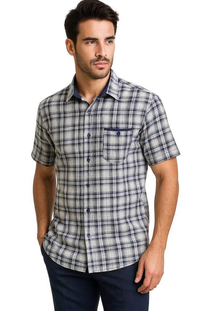 Mens Textured Plaid Walking Suit in Navy/white by Dreams by Zacchi – 2 Piece Leisure Outfit-With-Matching-shirt-and-pants-$99