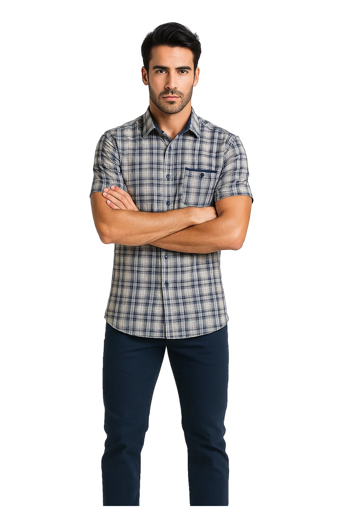 Mens Textured Plaid Walking Suit in Navy/white by Dreams by Zacchi – 2 Piece Leisure Outfit-With-Matching-shirt-and-pants-$99