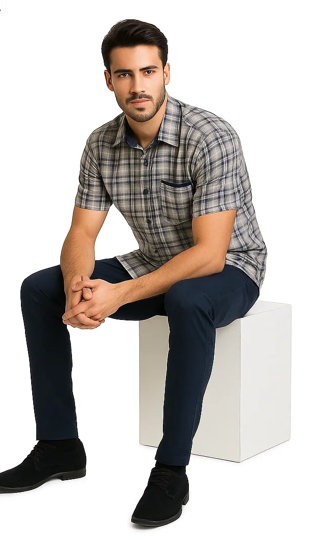 Mens Textured Plaid Walking Suit in Navy/white by Dreams by Zacchi – 2 Piece Leisure Outfit-With-Matching-shirt-and-pants-$99