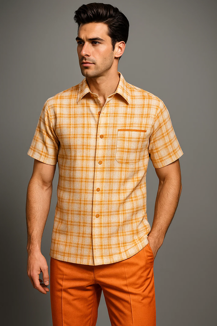 Mens Textured Plaid Walking Suit in Orange/cream by Dreams by Zacchi – 2 Piece Leisure Outfit with Matching Shirt and Pant-$99