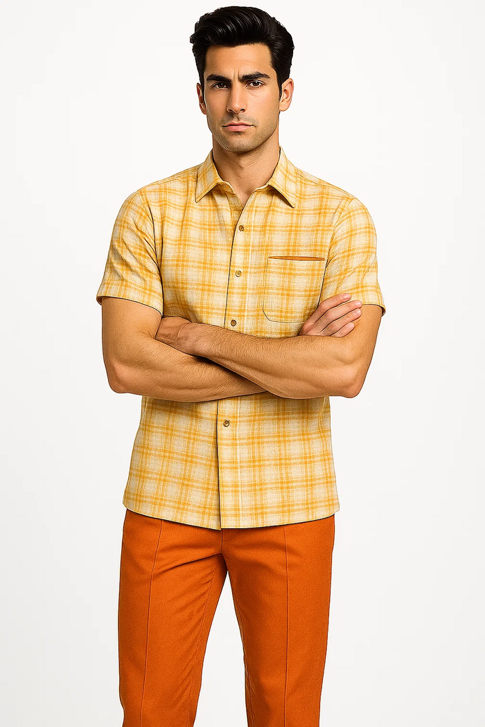 Mens Textured Plaid Walking Suit in Orange/cream by Dreams by Zacchi – 2 Piece Leisure Outfit with Matching Shirt and Pant-$99