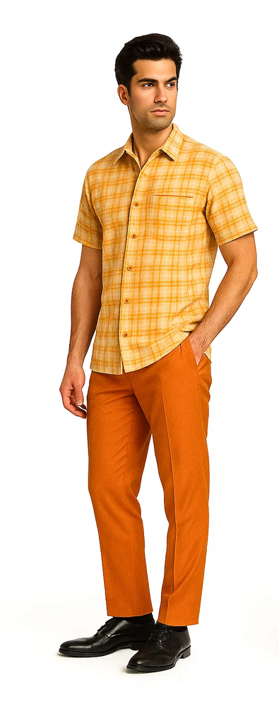 Mens Textured Plaid Walking Suit in Orange/cream by Dreams by Zacchi – 2 Piece Leisure Outfit with Matching Shirt and Pant-$99