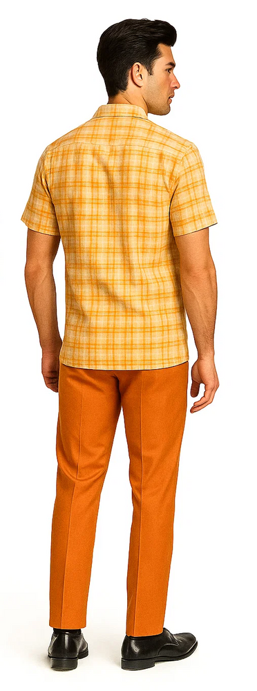 Mens Textured Plaid Walking Suit in Orange/cream by Dreams by Zacchi – 2 Piece Leisure Outfit with Matching Shirt and Pant-$99