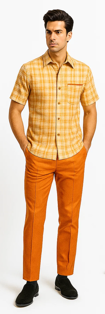 Mens Textured Plaid Walking Suit in Orange/cream by Dreams by Zacchi – 2 Piece Leisure Outfit with Matching Shirt and Pant-$99