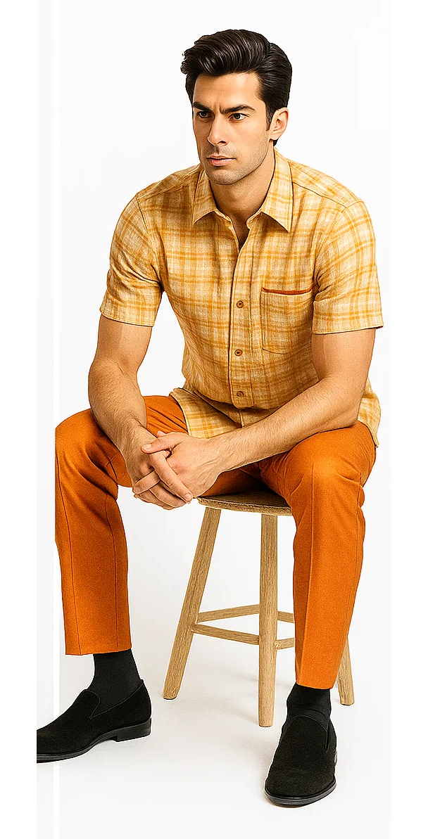 Mens Textured Plaid Walking Suit in Orange/cream by Dreams by Zacchi – 2 Piece Leisure Outfit with Matching Shirt and Pant-$99