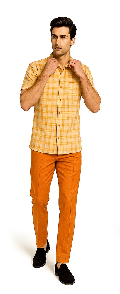 Mens Textured Plaid Walking Suit in Orange/cream by Dreams by Zacchi – 2 Piece Leisure Outfit with Matching Shirt and Pant-$99