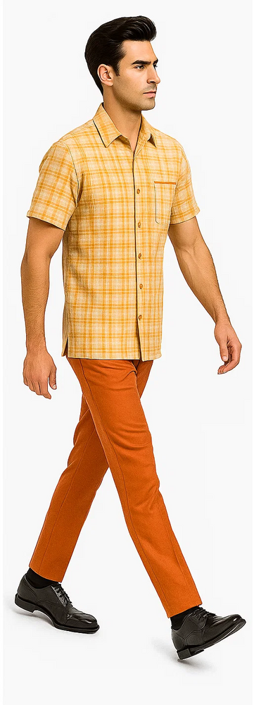 Mens Textured Plaid Walking Suit in Orange/cream by Dreams by Zacchi – 2 Piece Leisure Outfit with Matching Shirt and Pant-$99