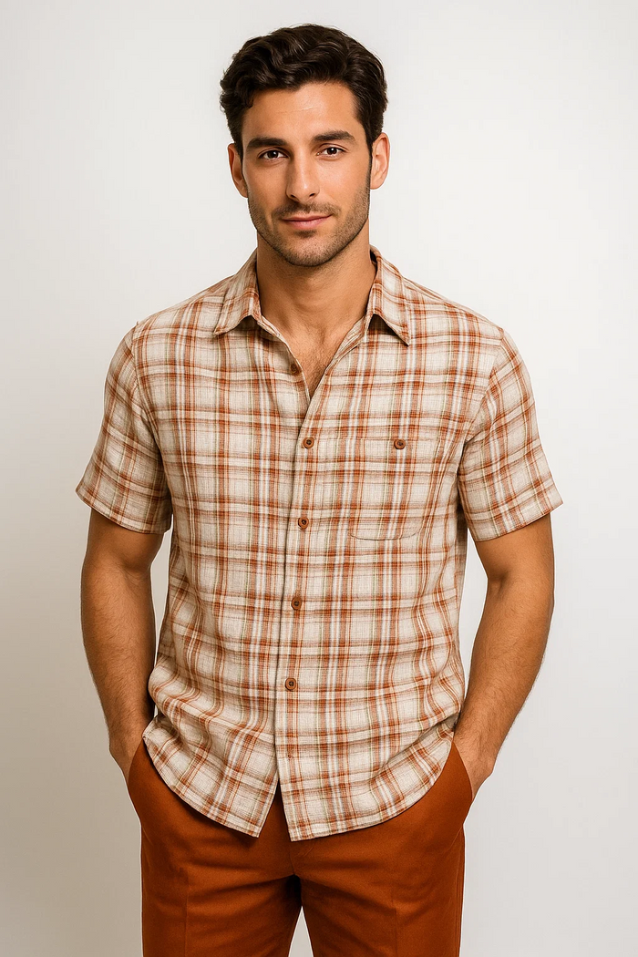 Mens Textured Plaid Walking Suit in Papaya/cream by Dreams by Zacchi – 2 Piece Leisure Outfit with Matching Shirt and Pant-$99