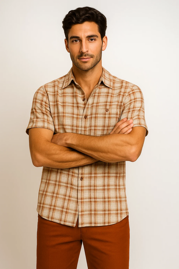 Mens Textured Plaid Walking Suit in Papaya/cream by Dreams by Zacchi – 2 Piece Leisure Outfit with Matching Shirt and Pant-$99