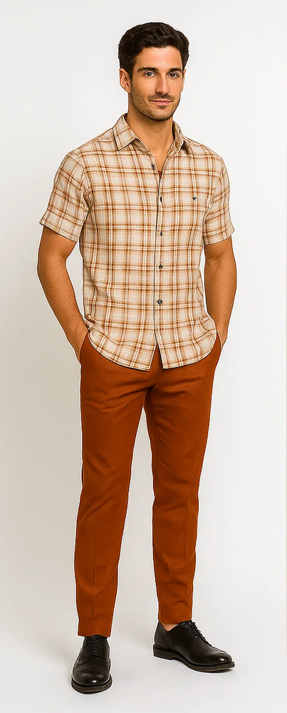 Mens Textured Plaid Walking Suit in Papaya/cream by Dreams by Zacchi – 2 Piece Leisure Outfit with Matching Shirt and Pant-$99