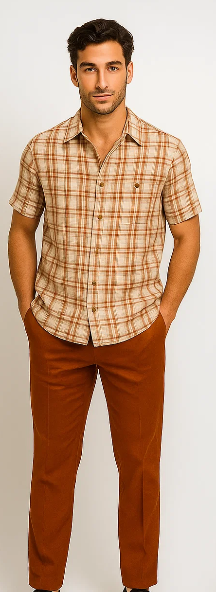 Mens Textured Plaid Walking Suit in Papaya/cream by Dreams by Zacchi – 2 Piece Leisure Outfit with Matching Shirt and Pant-$99